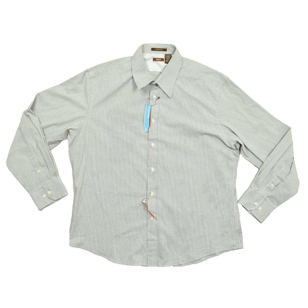 nyne Men XXL Coolmax Poplin Gray White Striped Long Sleeve Button Down Shirt NWT